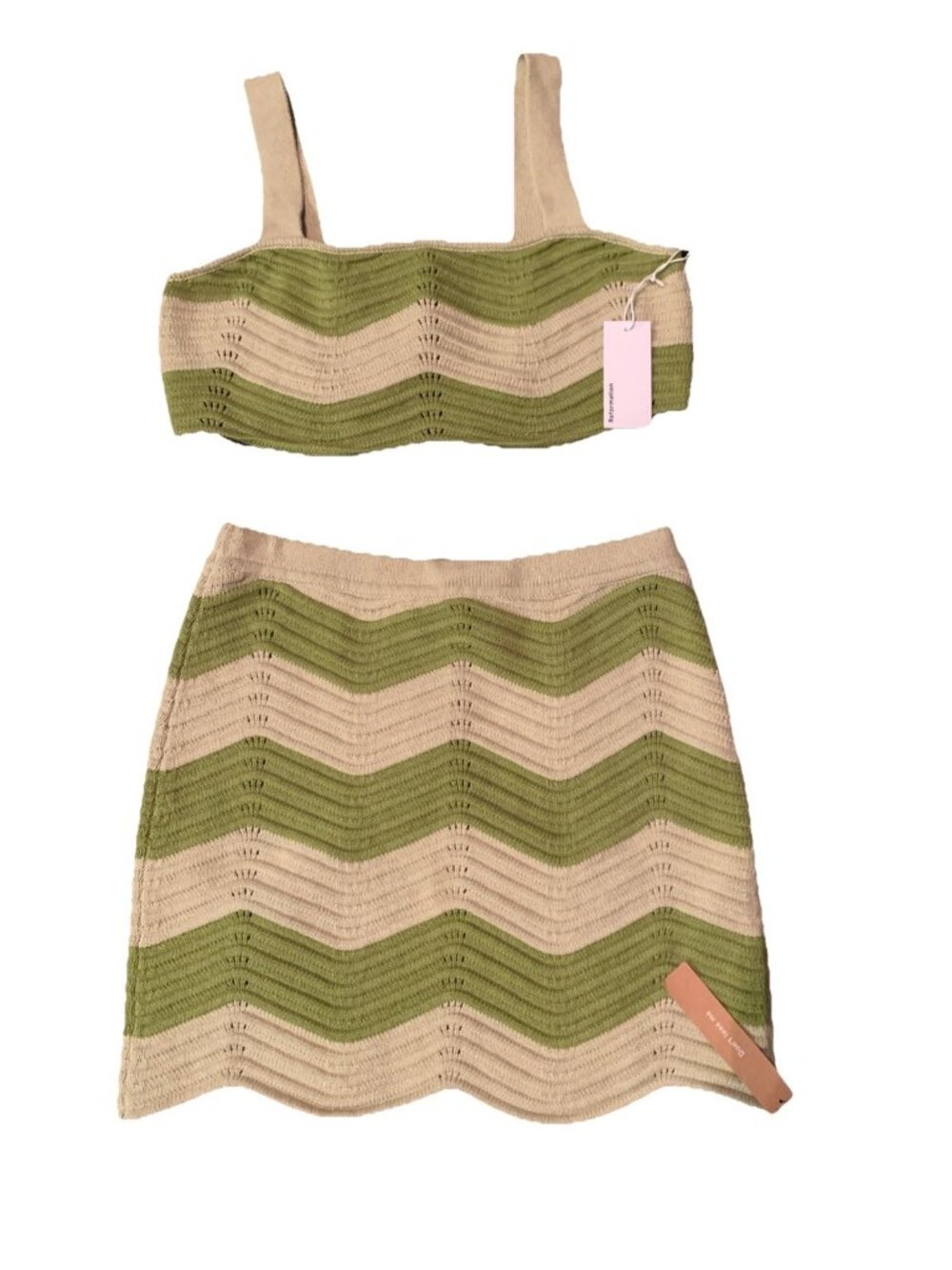Reformation Olive Green and Beige Crochet Skirt Set